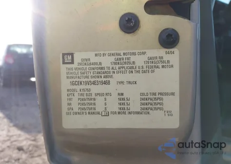 2004 Chevrolet Silverado 1500 Work Truck from USA, damaged, VIN 1GCEK19V34E319468